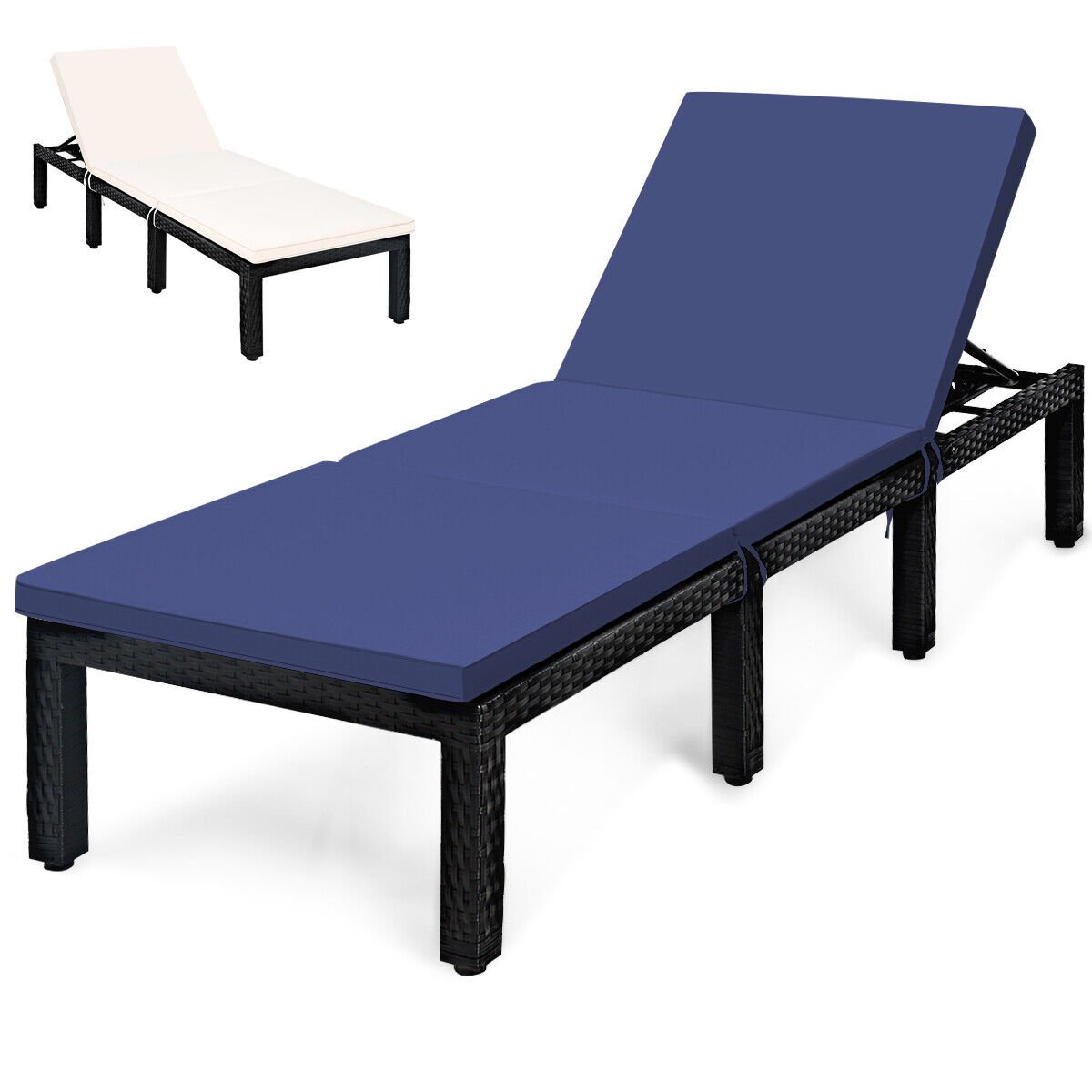 Patio Rattan Height Adjustable Lounge Chair with 2 Set of Cushion Cover, Navy & Off White - Gallery Canada