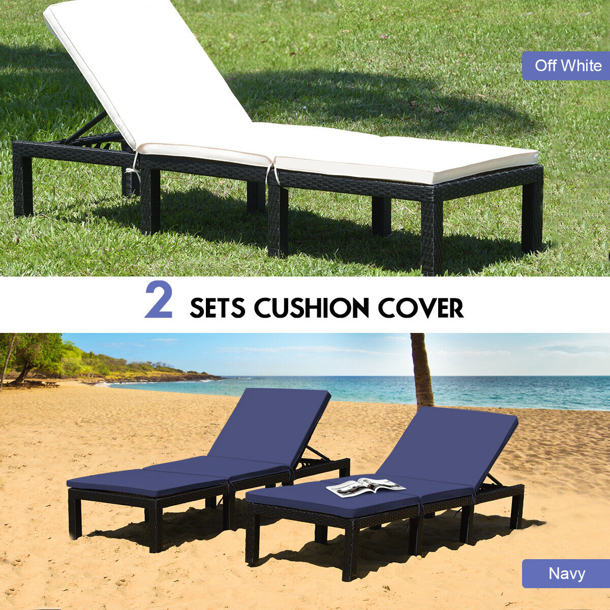 Patio Rattan Height Adjustable Lounge Chair with 2 Set of Cushion Cover, Navy & Off White Outdoor Chaise Lounges at Gallery Canada