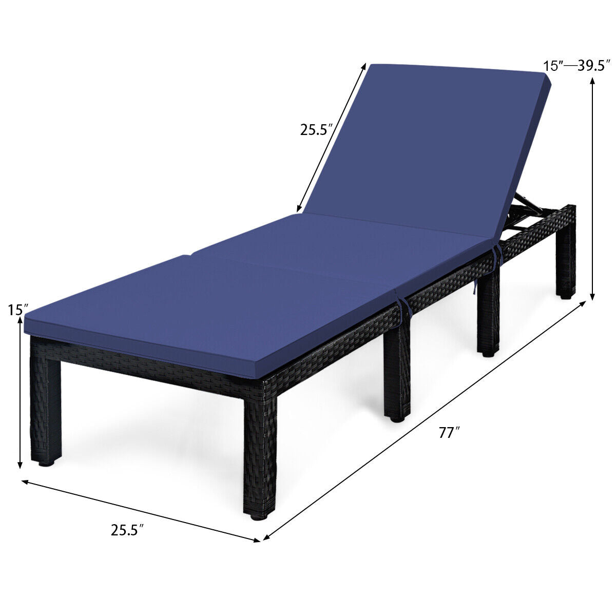 Patio Rattan Height Adjustable Lounge Chair with 2 Set of Cushion Cover, Navy & Off White Outdoor Chaise Lounges at Gallery Canada