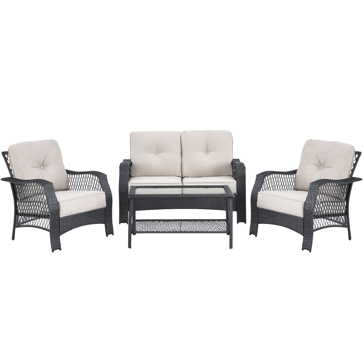 4 Pieces Patio Wicker Furniture Set Loveseat Sofa Coffee Table with Cushion, Beige Patio Conversation Sets Beige at Gallery Canada