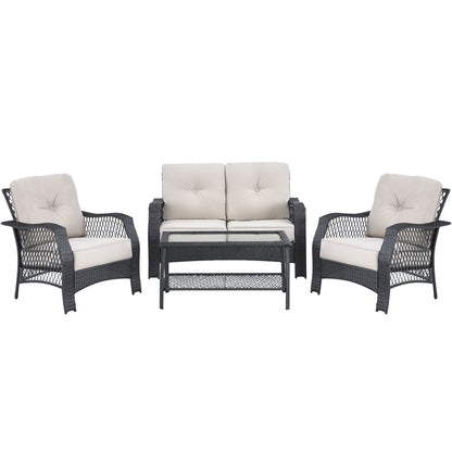 4 Pieces Patio Wicker Furniture Set Loveseat Sofa Coffee Table with Cushion, Beige Patio Conversation Sets Beige at Gallery Canada