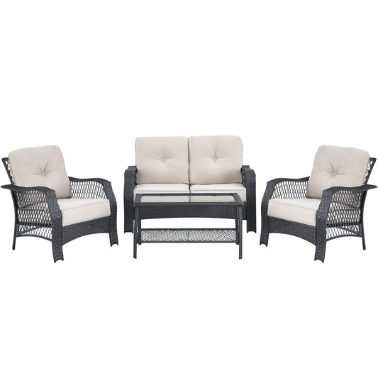 4 Pieces Patio Wicker Furniture Set Loveseat Sofa Coffee Table with Cushion, Beige Patio Conversation Sets Beige at Gallery Canada