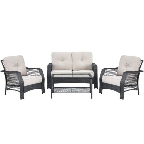 4 Piece Patio Wicker Furniture Set, Loveseat Sofa Coffee Table, Beige