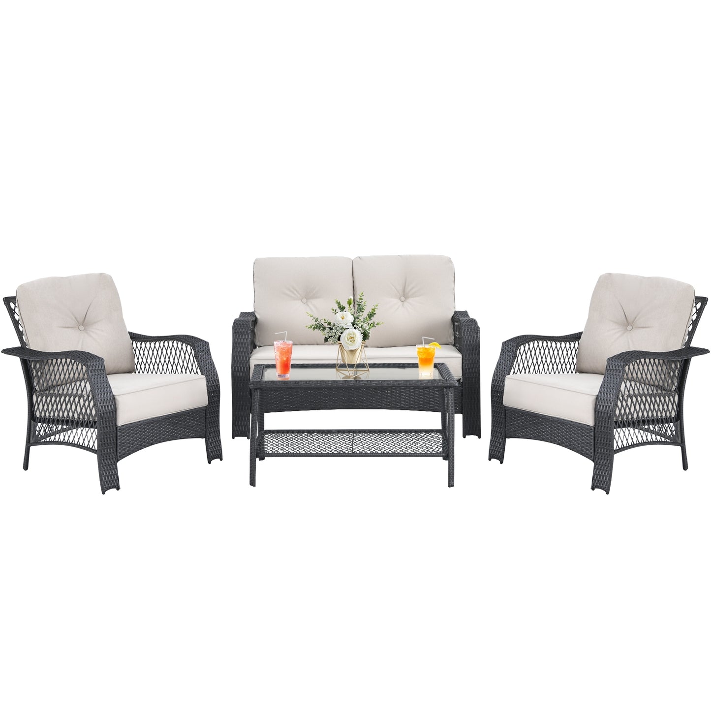 4 Pieces Patio Wicker Furniture Set Loveseat Sofa Coffee Table with Cushion, Beige Patio Conversation Sets at Gallery Canada