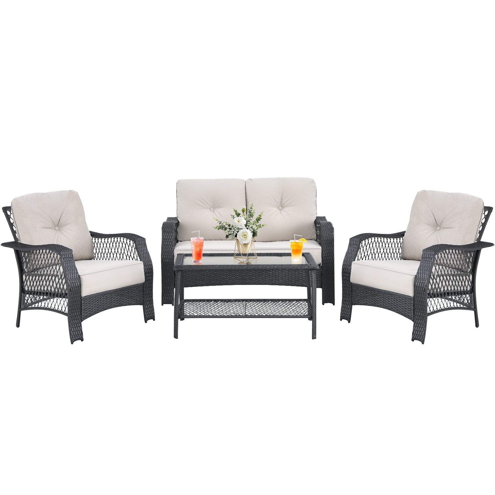 4 Pieces Patio Wicker Furniture Set Loveseat Sofa Coffee Table with Cushion, Beige Patio Conversation Sets at Gallery Canada