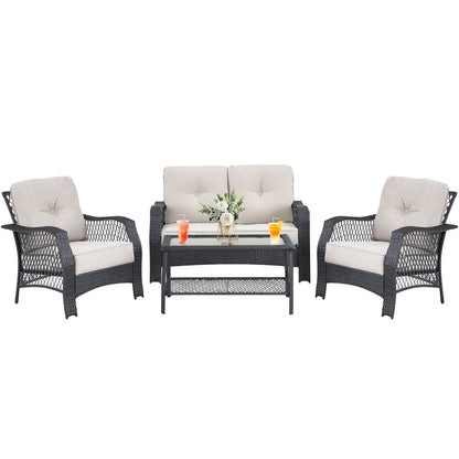 4 Pieces Patio Wicker Furniture Set Loveseat Sofa Coffee Table with Cushion, Beige Patio Conversation Sets at Gallery Canada