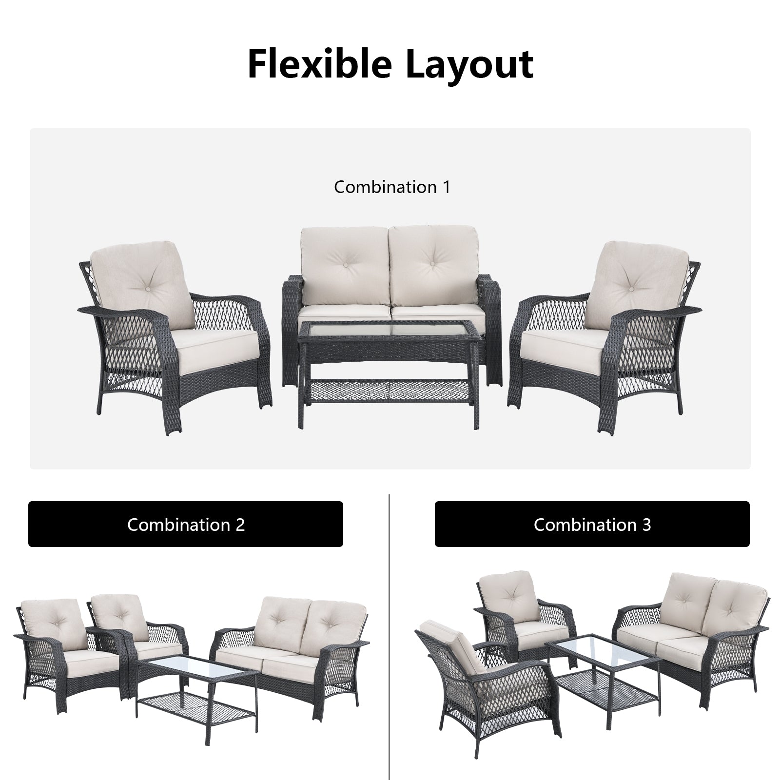 4 Pieces Patio Wicker Furniture Set Loveseat Sofa Coffee Table with Cushion, Beige Patio Conversation Sets at Gallery Canada