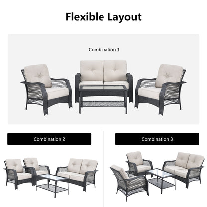 4 Pieces Patio Wicker Furniture Set Loveseat Sofa Coffee Table with Cushion, Beige Patio Conversation Sets at Gallery Canada