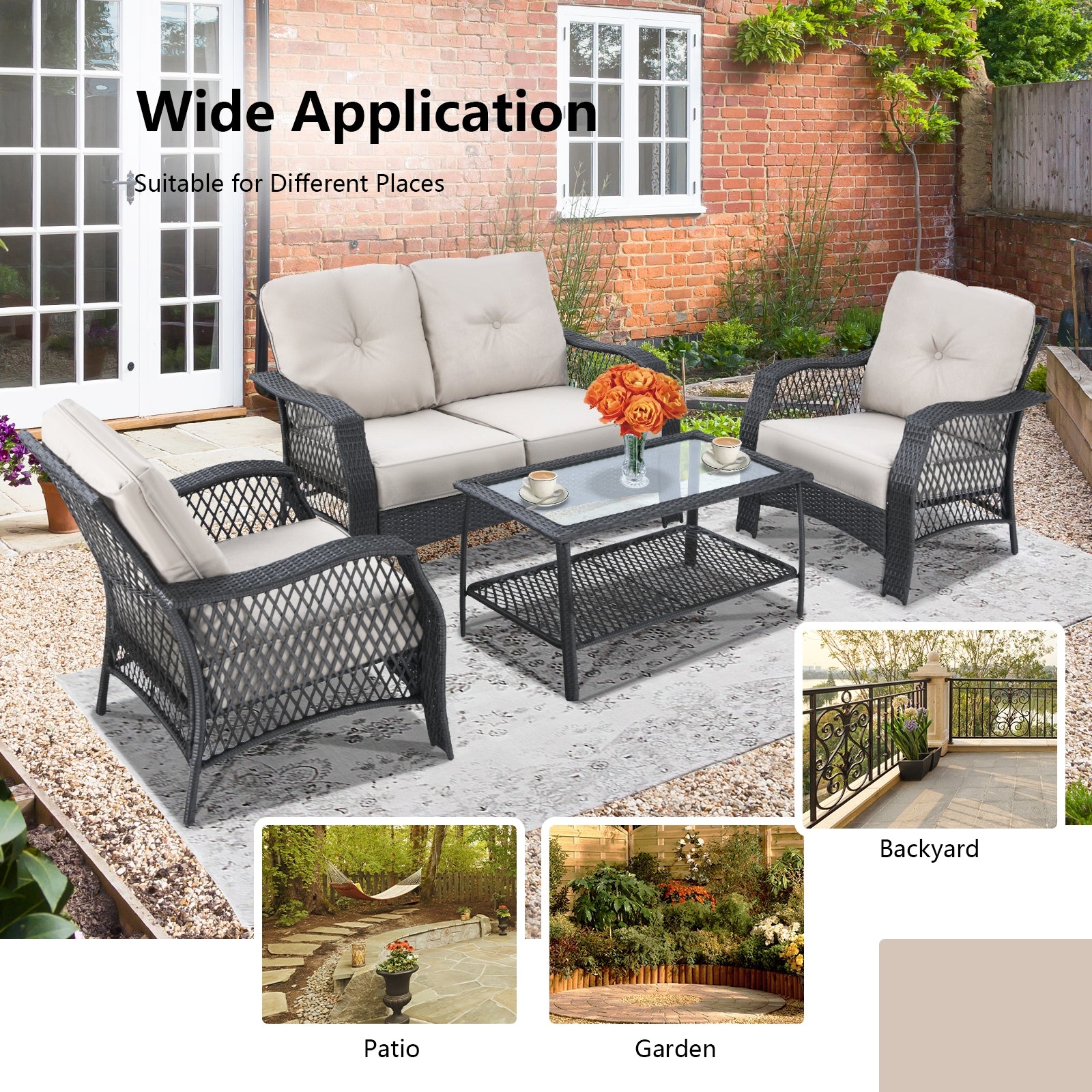 4 Pieces Patio Wicker Furniture Set Loveseat Sofa Coffee Table with Cushion, Beige Patio Conversation Sets at Gallery Canada