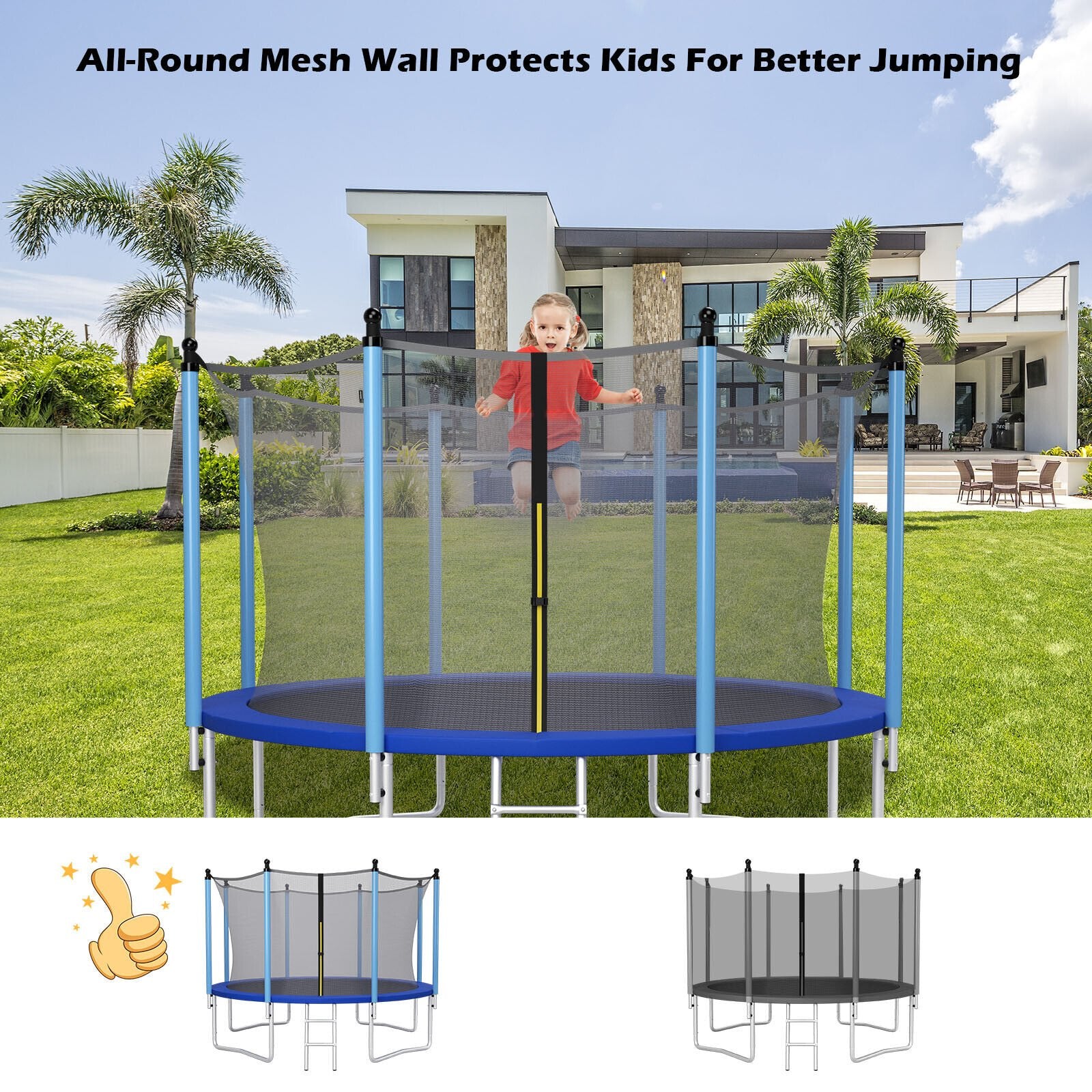 15/16 Feet Trampoline Replacement Safety Net with Adjustable Straps-16 ft, Black - Gallery Canada