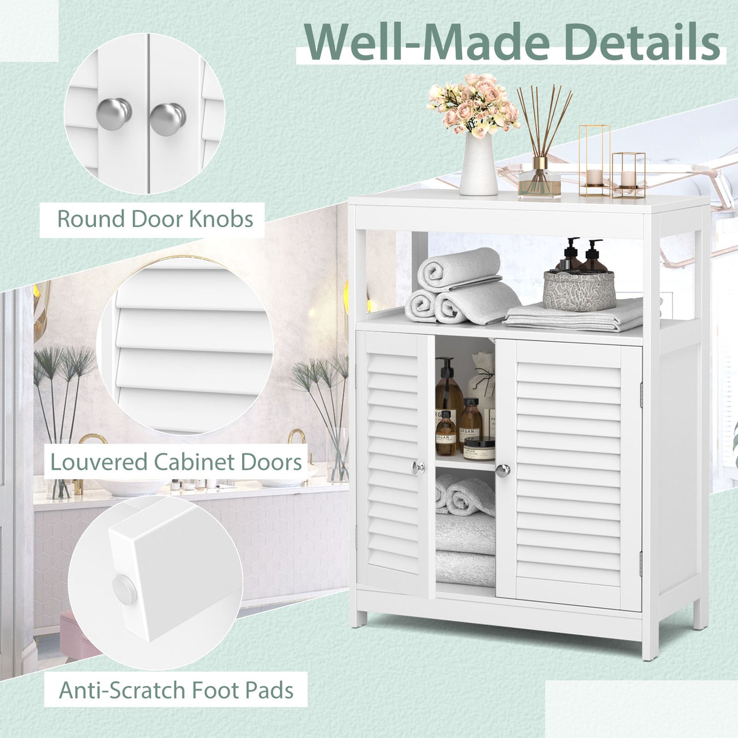 Freestanding Bathroom Floor Cabinet, Double Shutter Doors, White Floor Cabinets at Gallery Canada