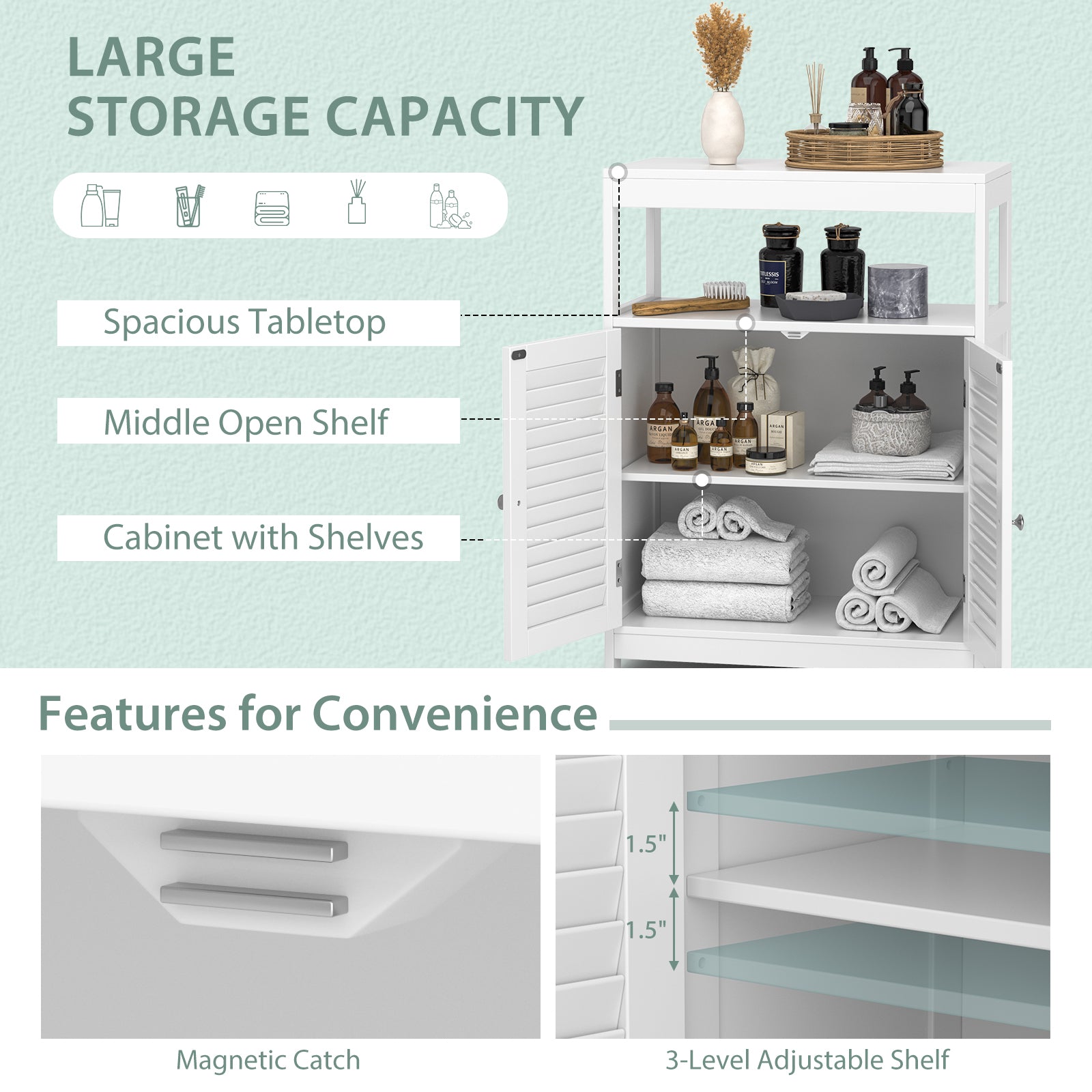 Freestanding Bathroom Floor Cabinet, Double Shutter Doors, White Floor Cabinets at Gallery Canada
