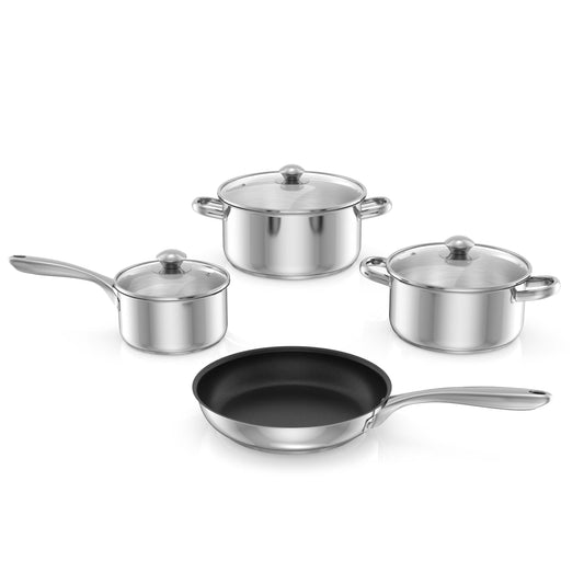 7-Piece Stainless Steel Cookware Set with Tempered Glass Lid, Silver