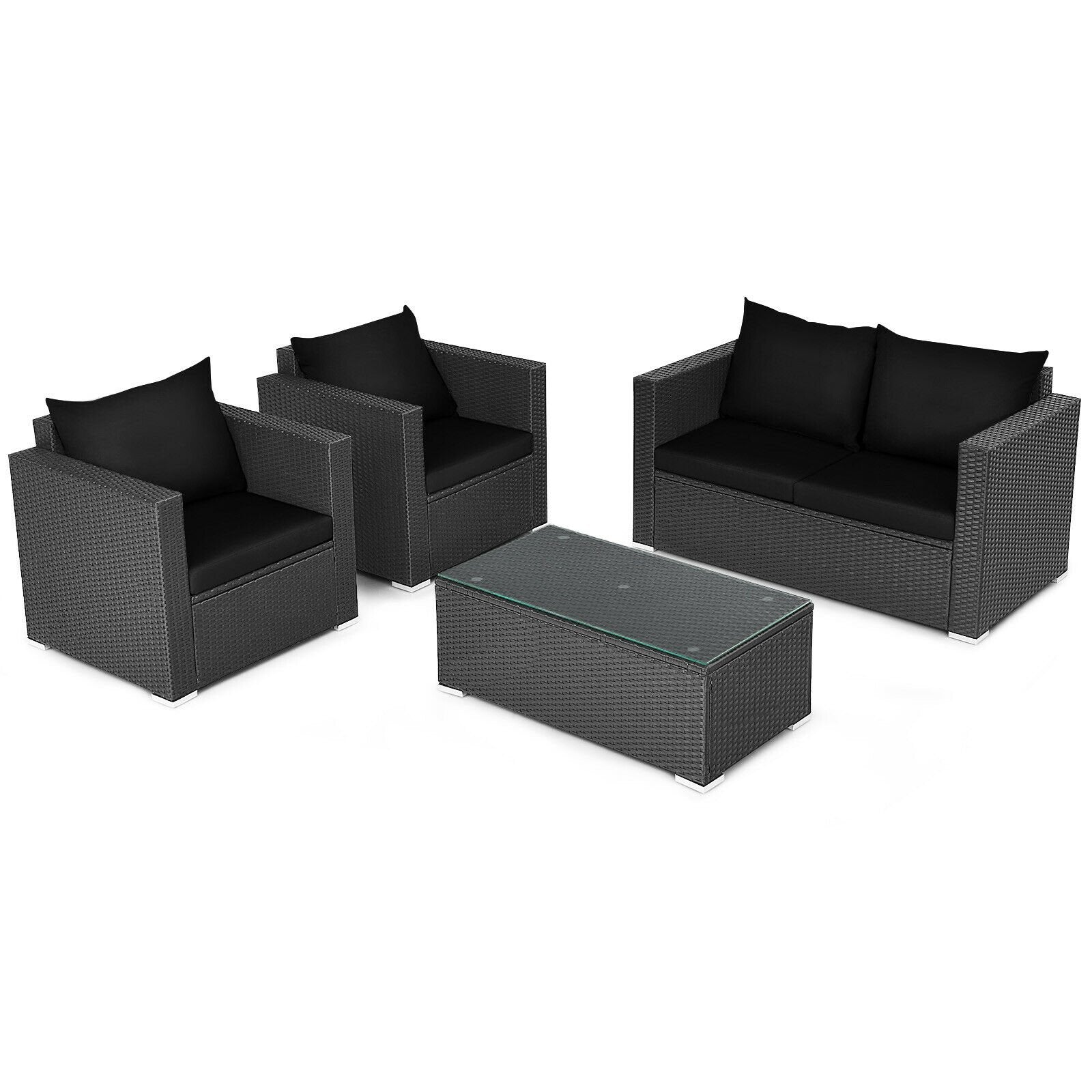 4 Pcs Patio Rattan Cushioned Furniture Set, Black - Gallery Canada