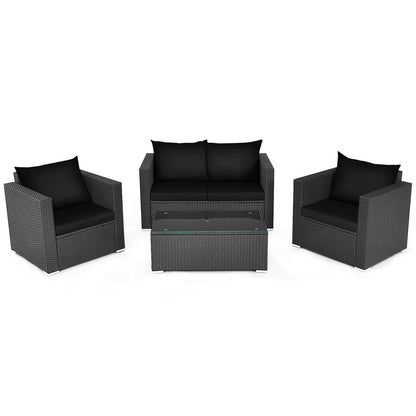 4 Pcs Patio Rattan Cushioned Furniture Set, Dark Black Patio Conversation Sets Black at Gallery Canada