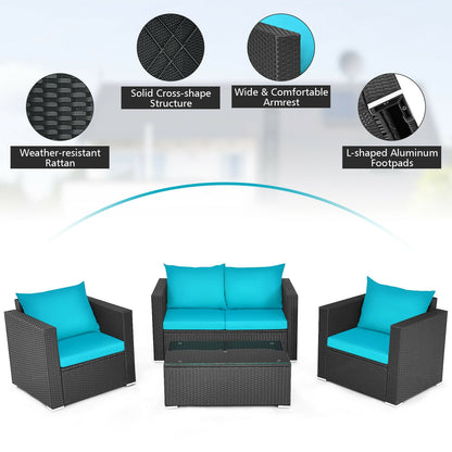 4Pcs Patio Rattan Cushioned Furniture Set, Turquoise Patio Conversation Sets at Gallery Canada