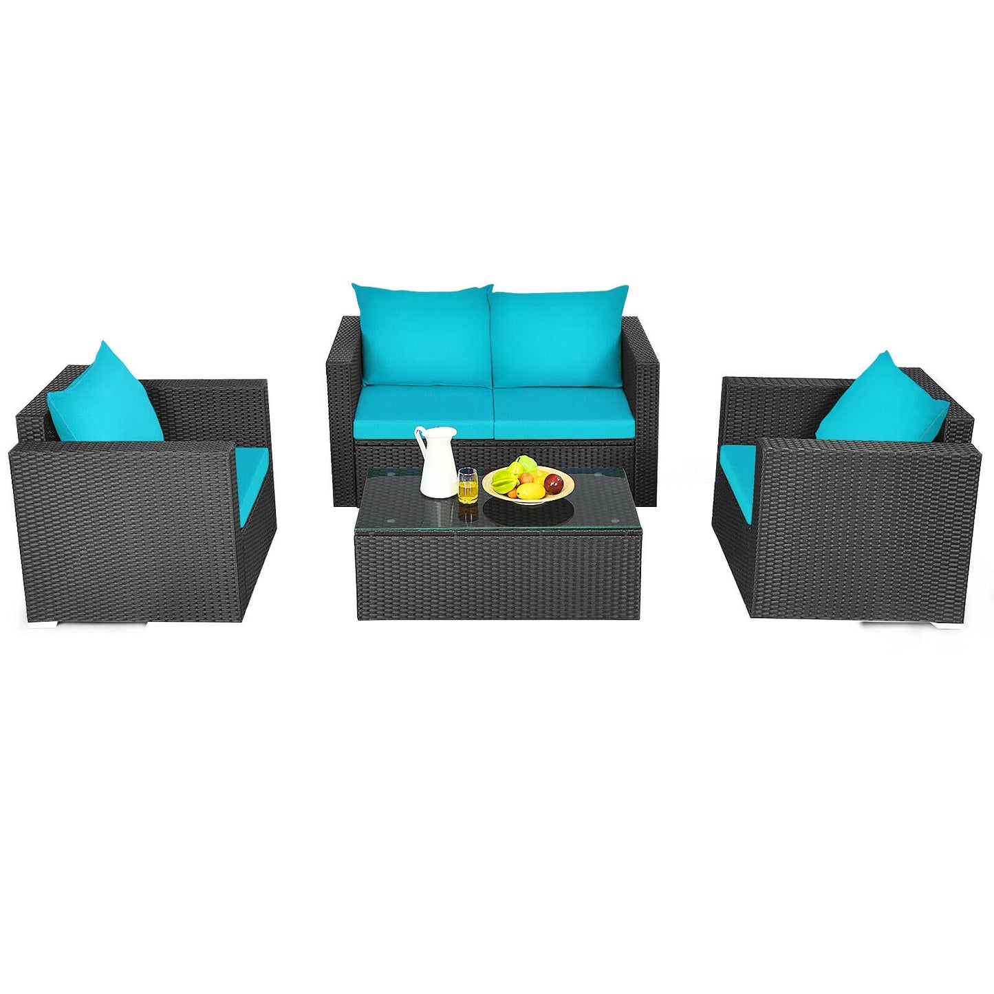 4Pcs Patio Rattan Cushioned Furniture Set, Turquoise Patio Conversation Sets at Gallery Canada