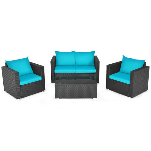 4Pcs Patio Rattan Cushioned Furniture Set, Turquoise