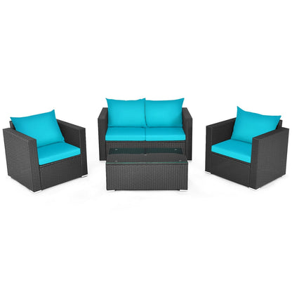 4Pcs Patio Rattan Cushioned Furniture Set, Turquoise Patio Conversation Sets Turquoise at Gallery Canada