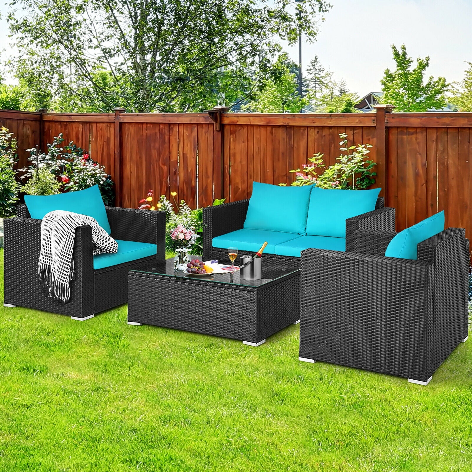 4Pcs Patio Rattan Cushioned Furniture Set, Turquoise Patio Conversation Sets at Gallery Canada