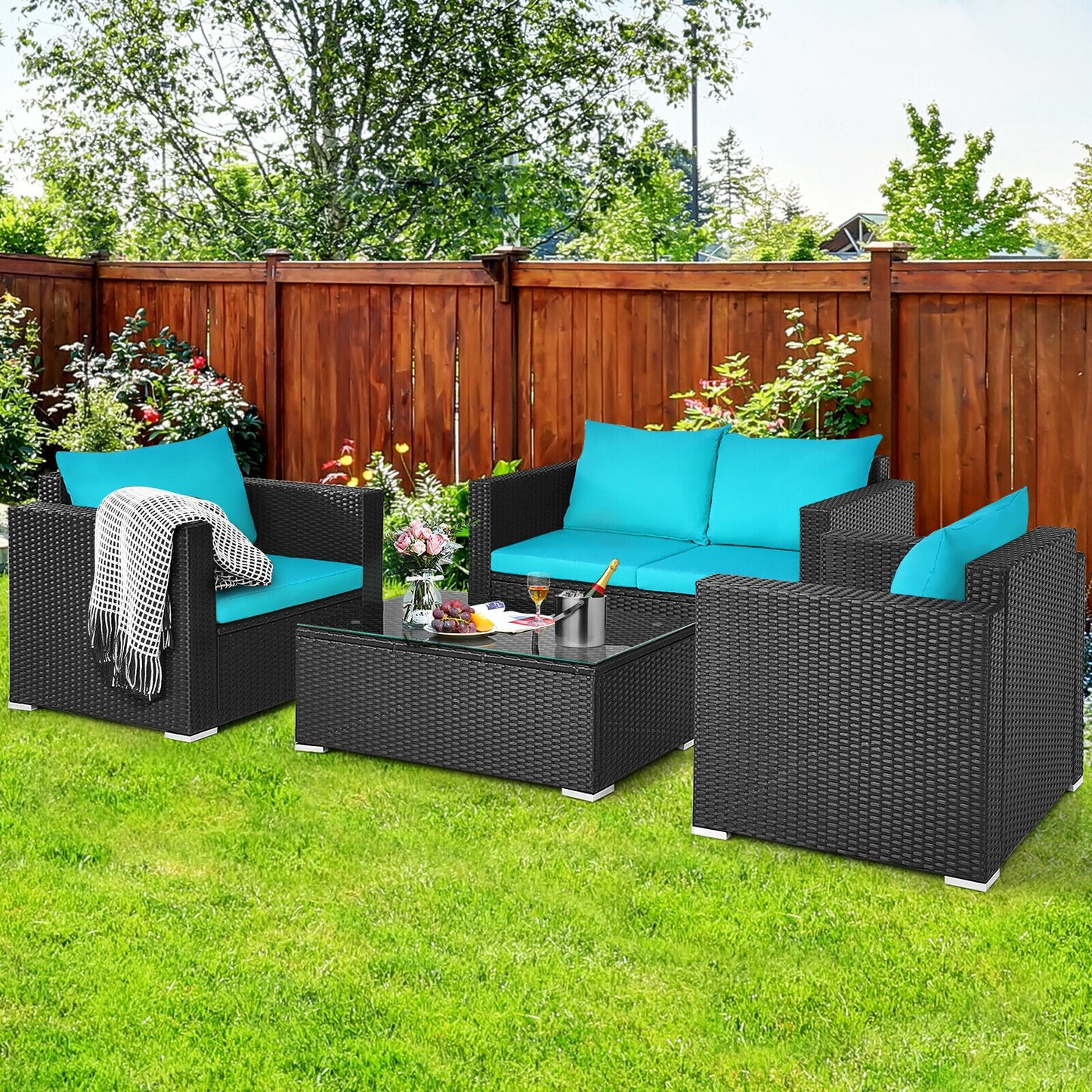 4Pcs Patio Rattan Cushioned Furniture Set, Turquoise Patio Conversation Sets at Gallery Canada