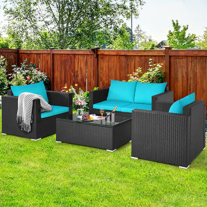 4Pcs Patio Rattan Cushioned Furniture Set, Turquoise Patio Conversation Sets at Gallery Canada