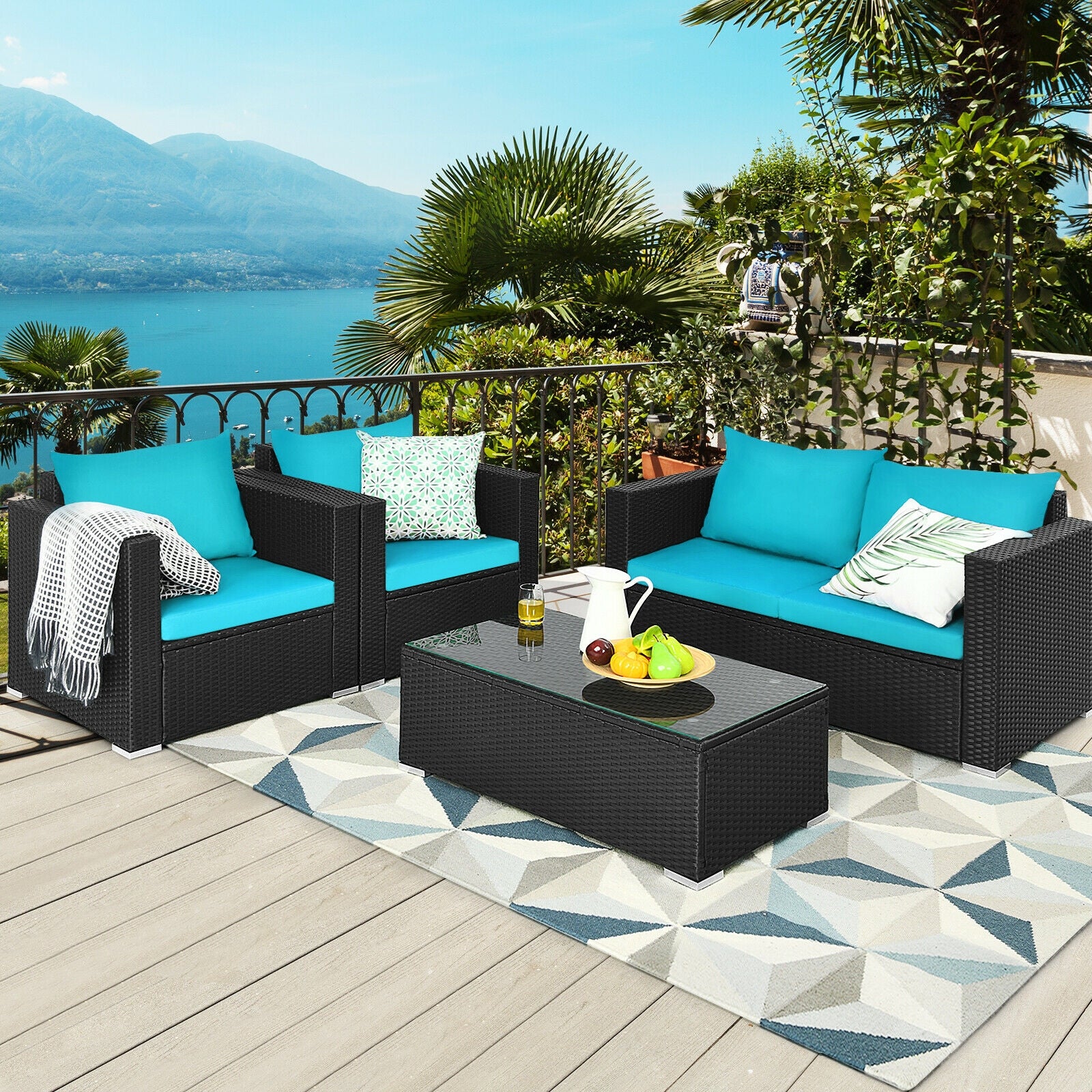 4Pcs Patio Rattan Cushioned Furniture Set, Turquoise Patio Conversation Sets at Gallery Canada
