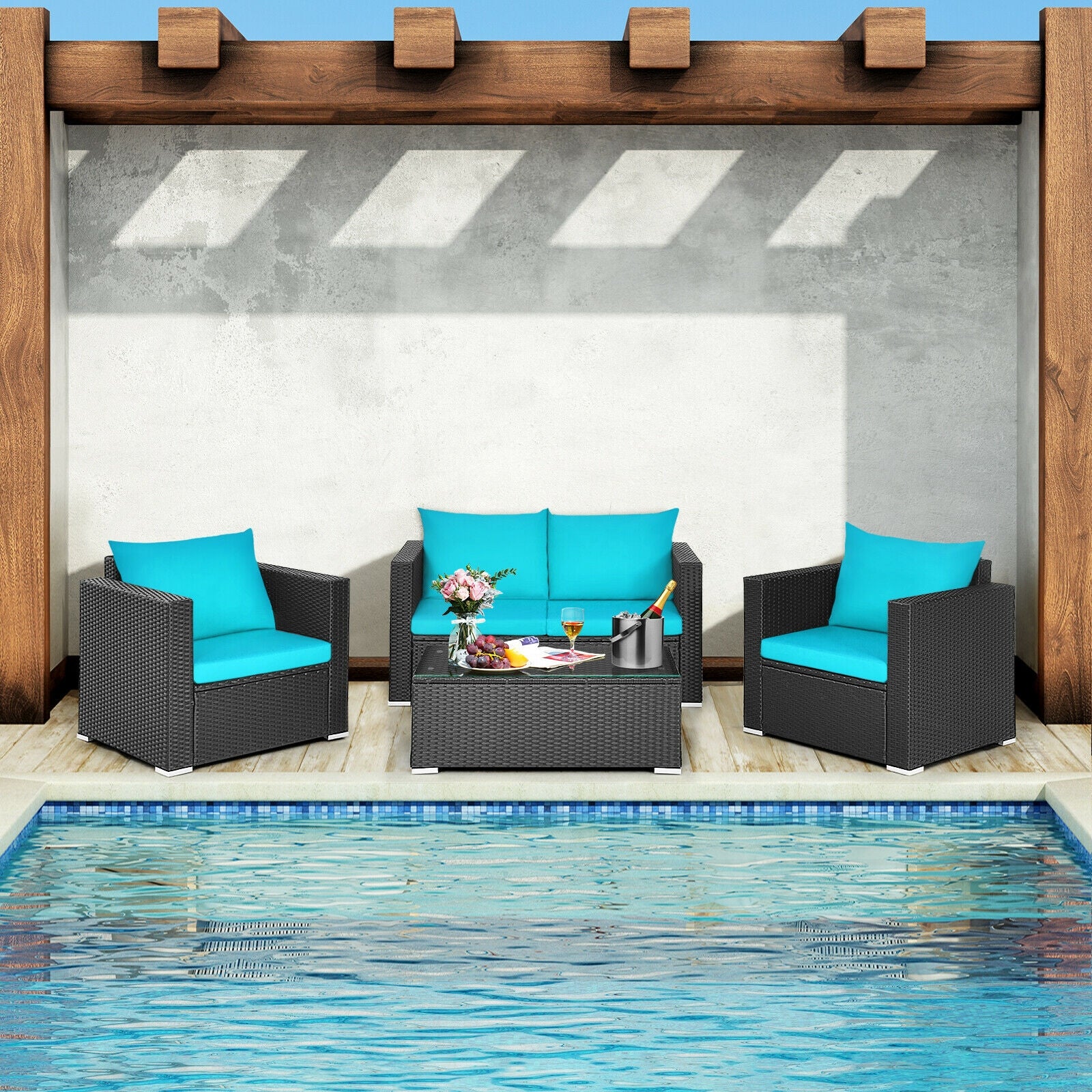 4Pcs Patio Rattan Cushioned Furniture Set, Turquoise Patio Conversation Sets at Gallery Canada