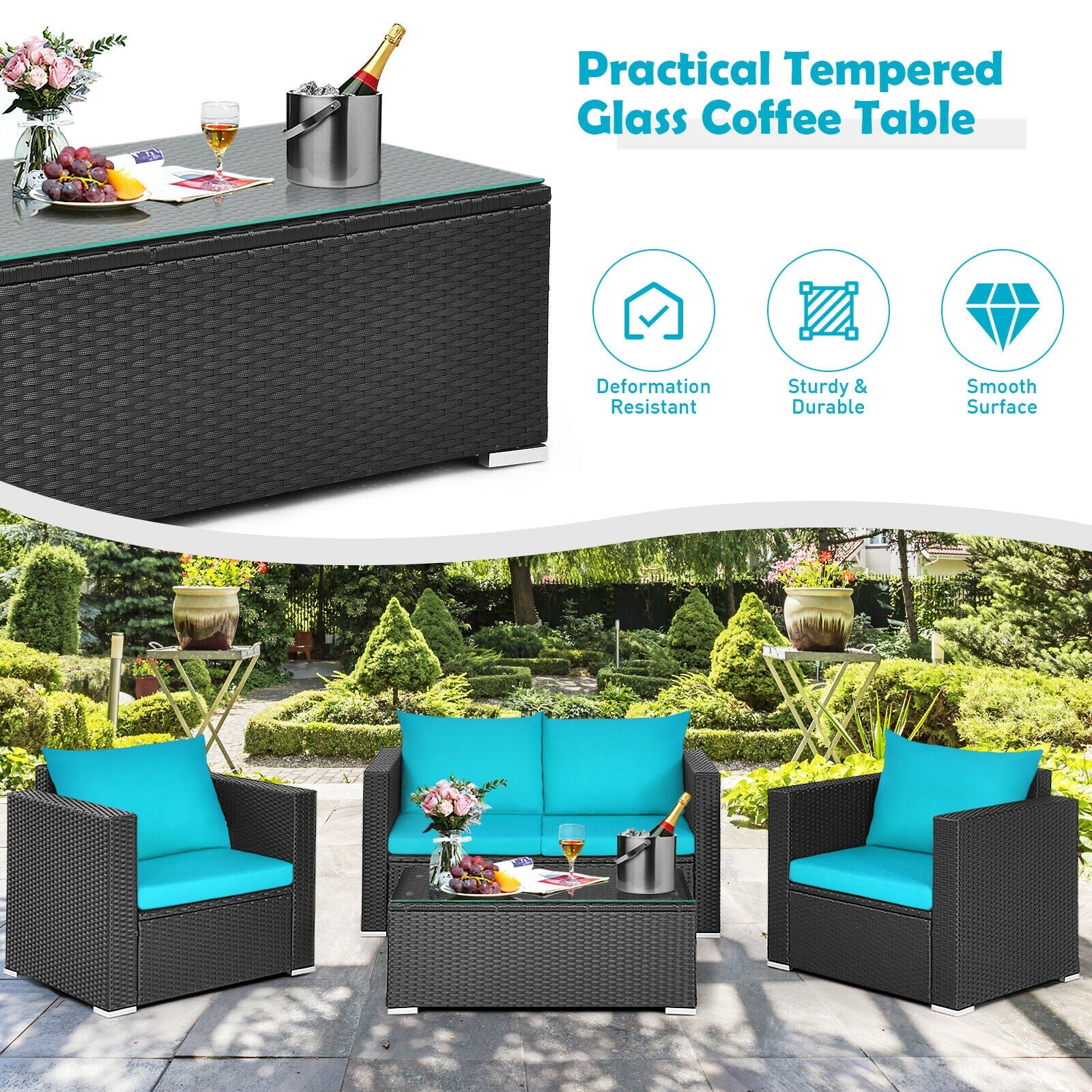 4Pcs Patio Rattan Cushioned Furniture Set, Turquoise Patio Conversation Sets at Gallery Canada