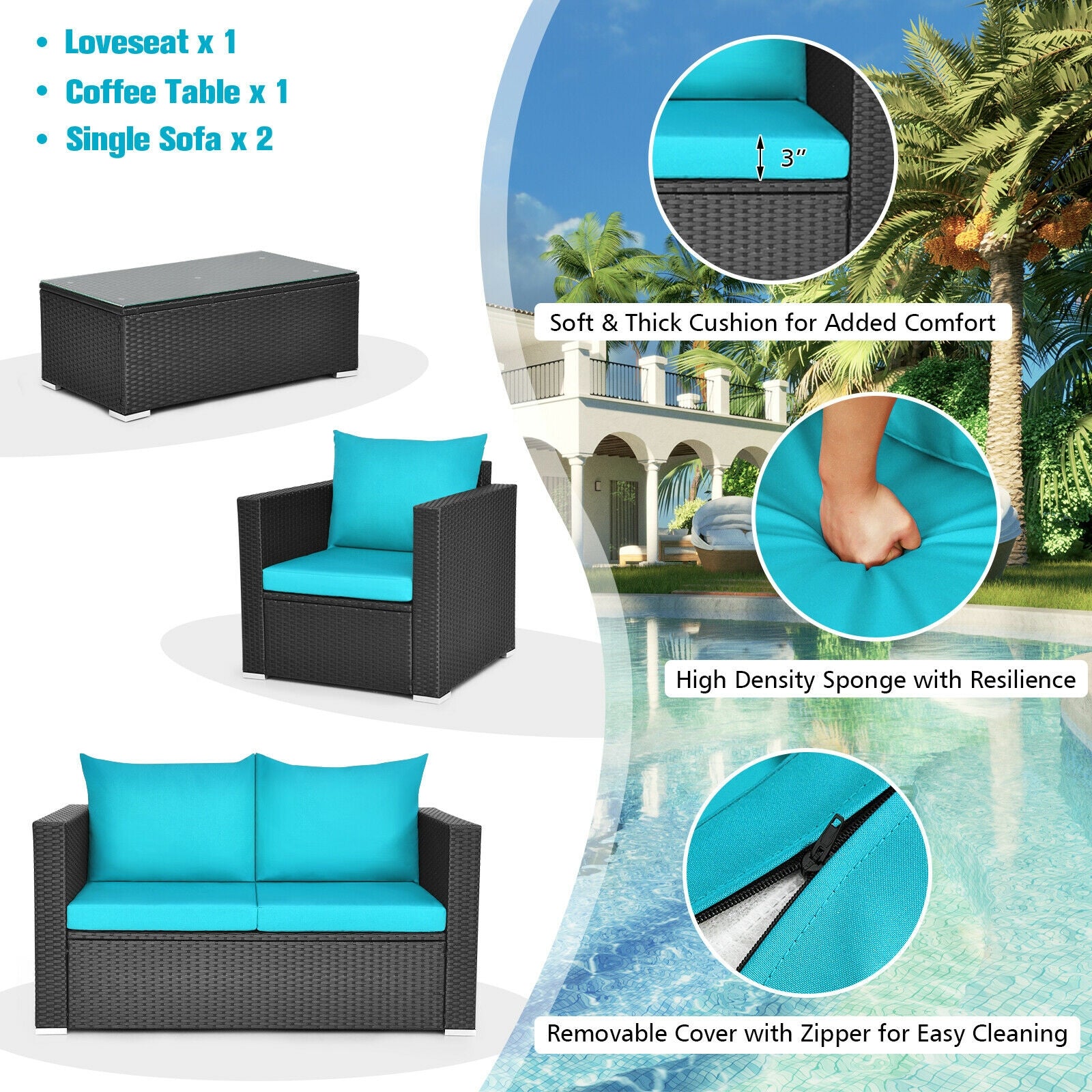 4Pcs Patio Rattan Cushioned Furniture Set, Turquoise Patio Conversation Sets at Gallery Canada