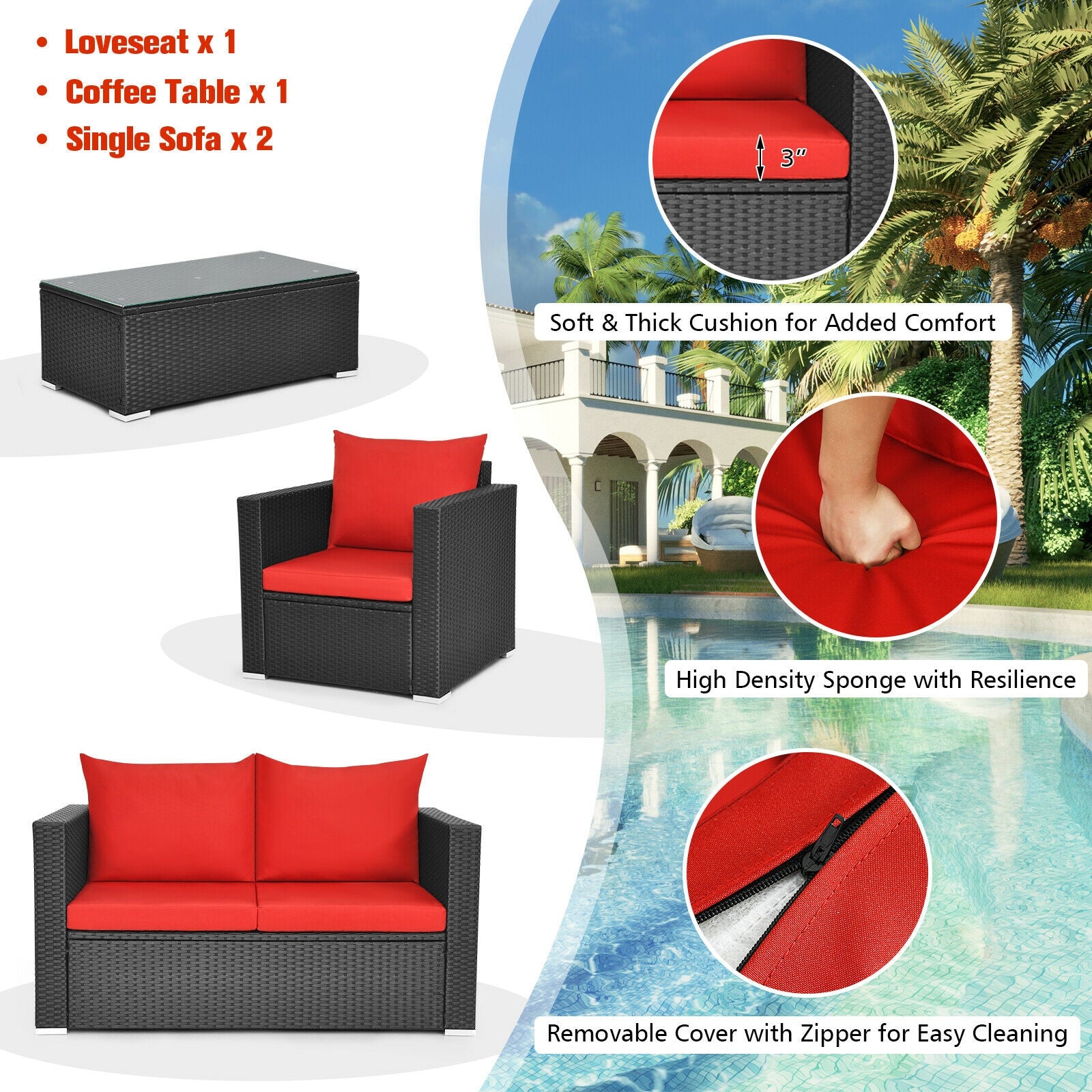 4Pcs Patio Rattan Cushioned Furniture Set, Red Patio Conversation Sets at Gallery Canada