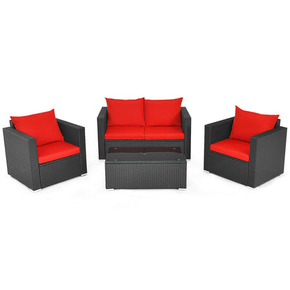 4Pcs Patio Rattan Cushioned Furniture Set, Red Patio Conversation Sets Red at Gallery Canada