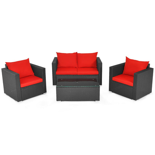 4Pcs Patio Rattan Cushioned Furniture Set, Red