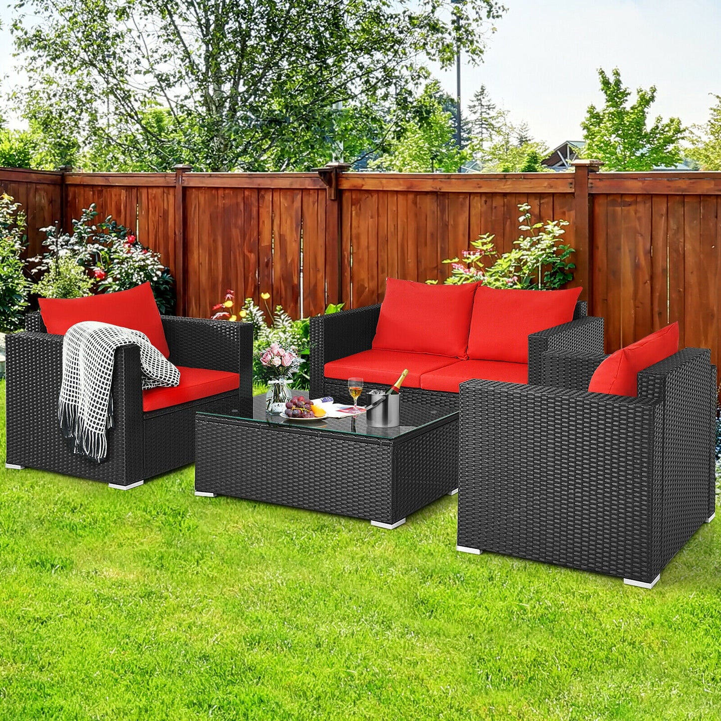 4Pcs Patio Rattan Cushioned Furniture Set, Red Patio Conversation Sets at Gallery Canada