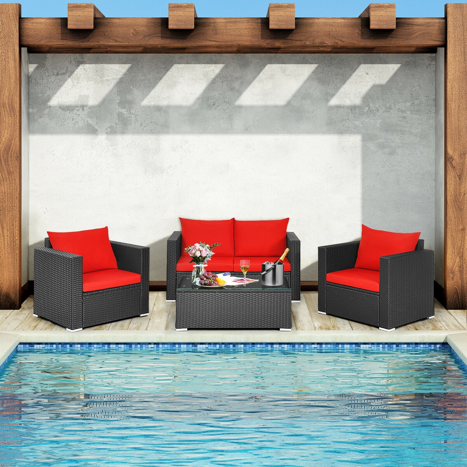 4Pcs Patio Rattan Cushioned Furniture Set, Red Patio Conversation Sets at Gallery Canada