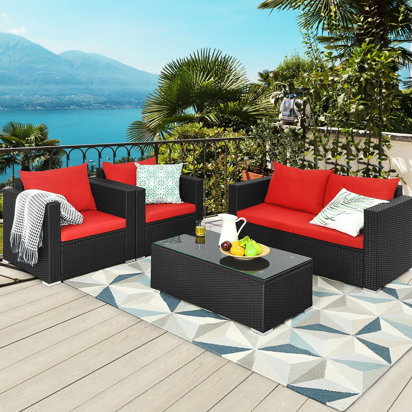 4Pcs Patio Rattan Cushioned Furniture Set, Red Patio Conversation Sets at Gallery Canada