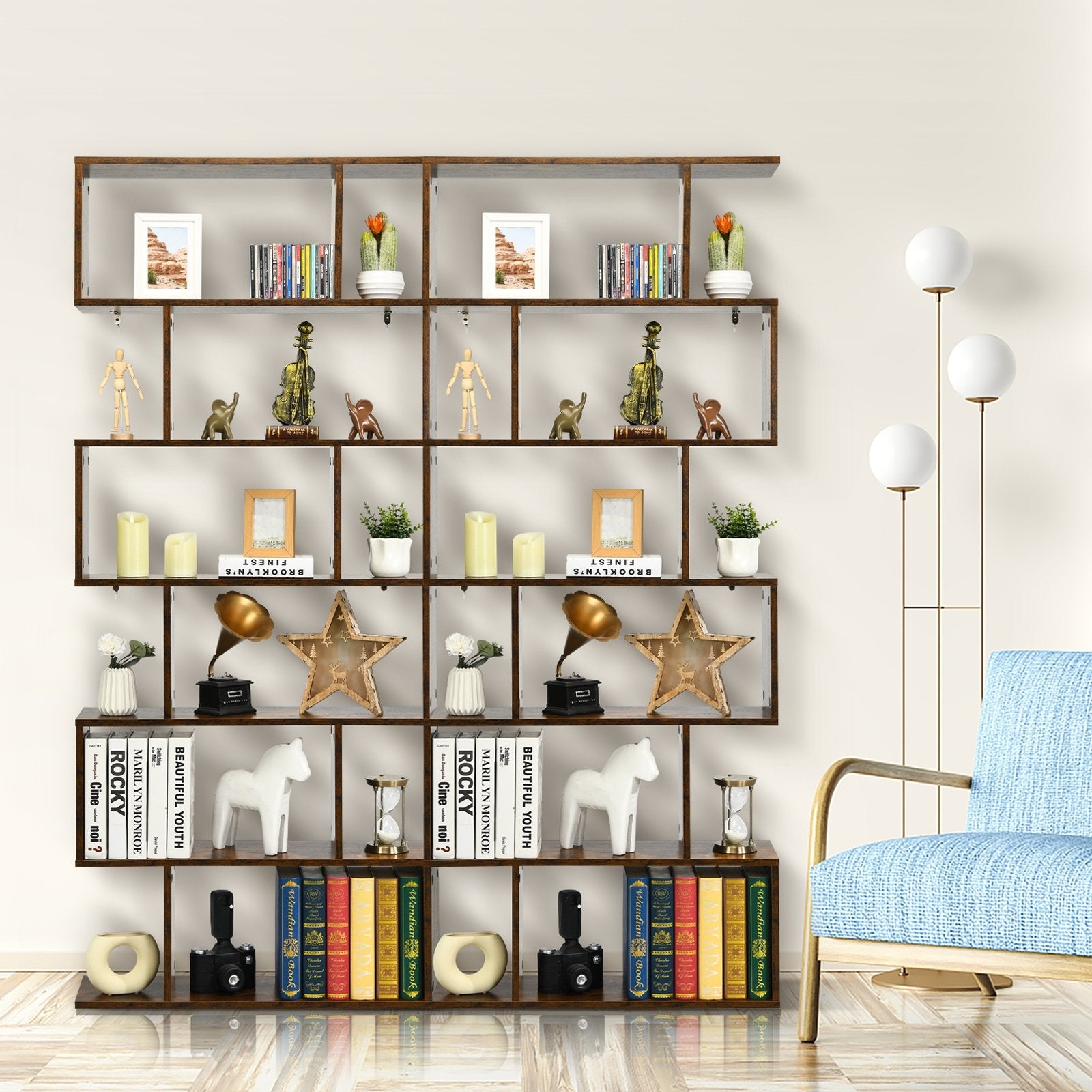 6 Tier S-Shaped Bookshelf Storage Display Bookcase Decor Z-Shelf , Brown - Gallery Canada