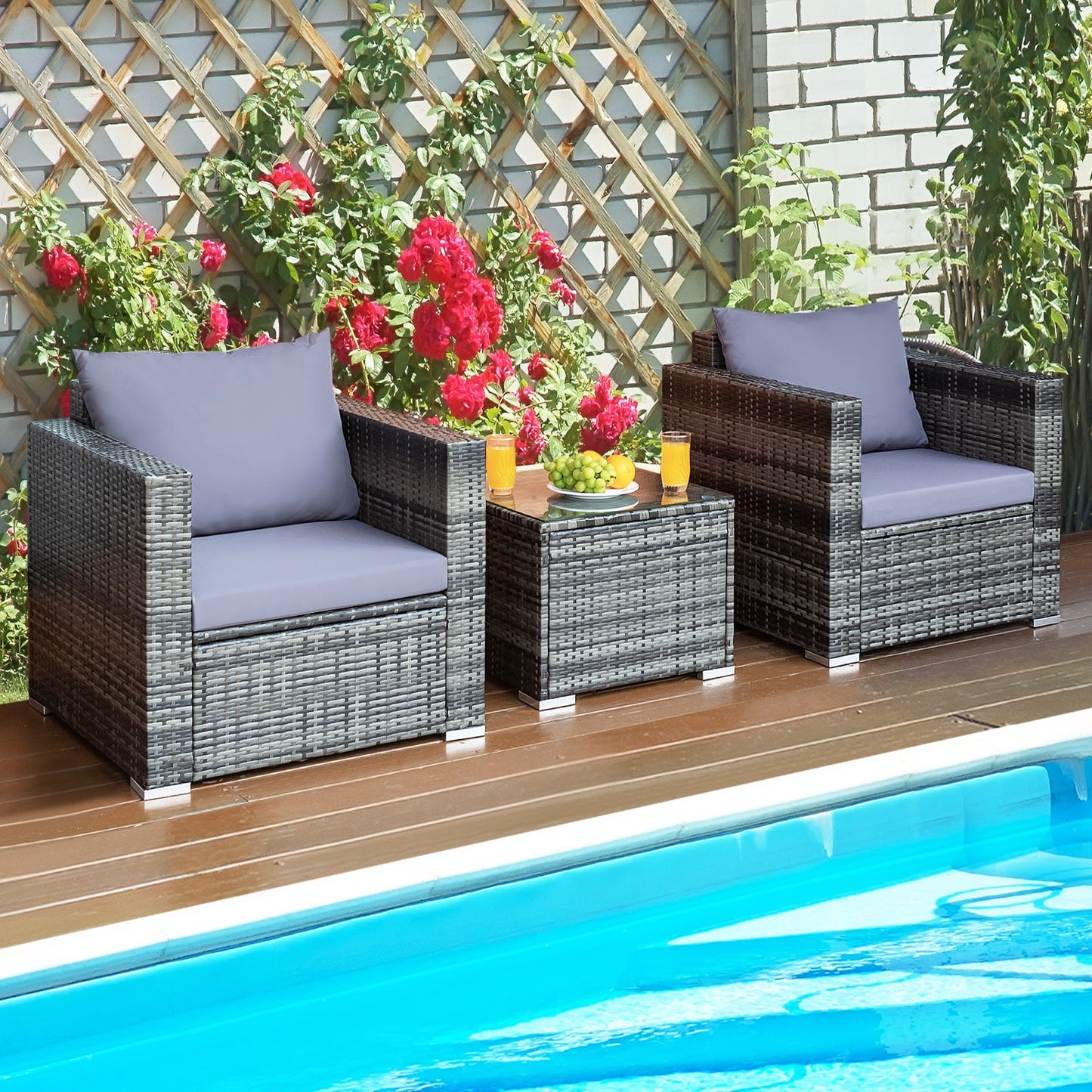 3 Pieces Patio Rattan Furniture Bistro Sofa Set with Cushioned, Gray Patio Conversation Sets at Gallery Canada