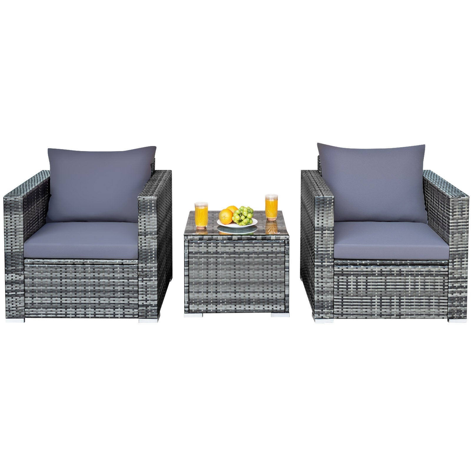 3 Pieces Patio Rattan Furniture Bistro Sofa Set with Cushioned, Gray Patio Conversation Sets at Gallery Canada