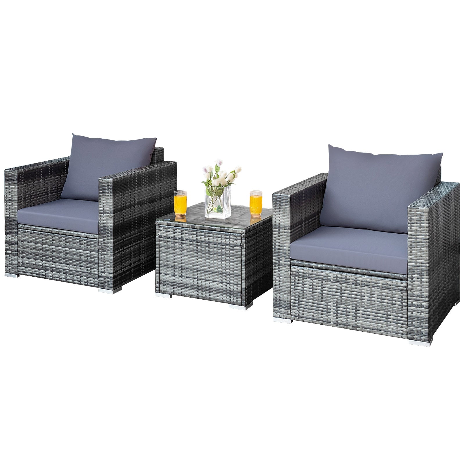 3 Pieces Patio Rattan Furniture Bistro Sofa Set with Cushioned, Gray Patio Conversation Sets at Gallery Canada