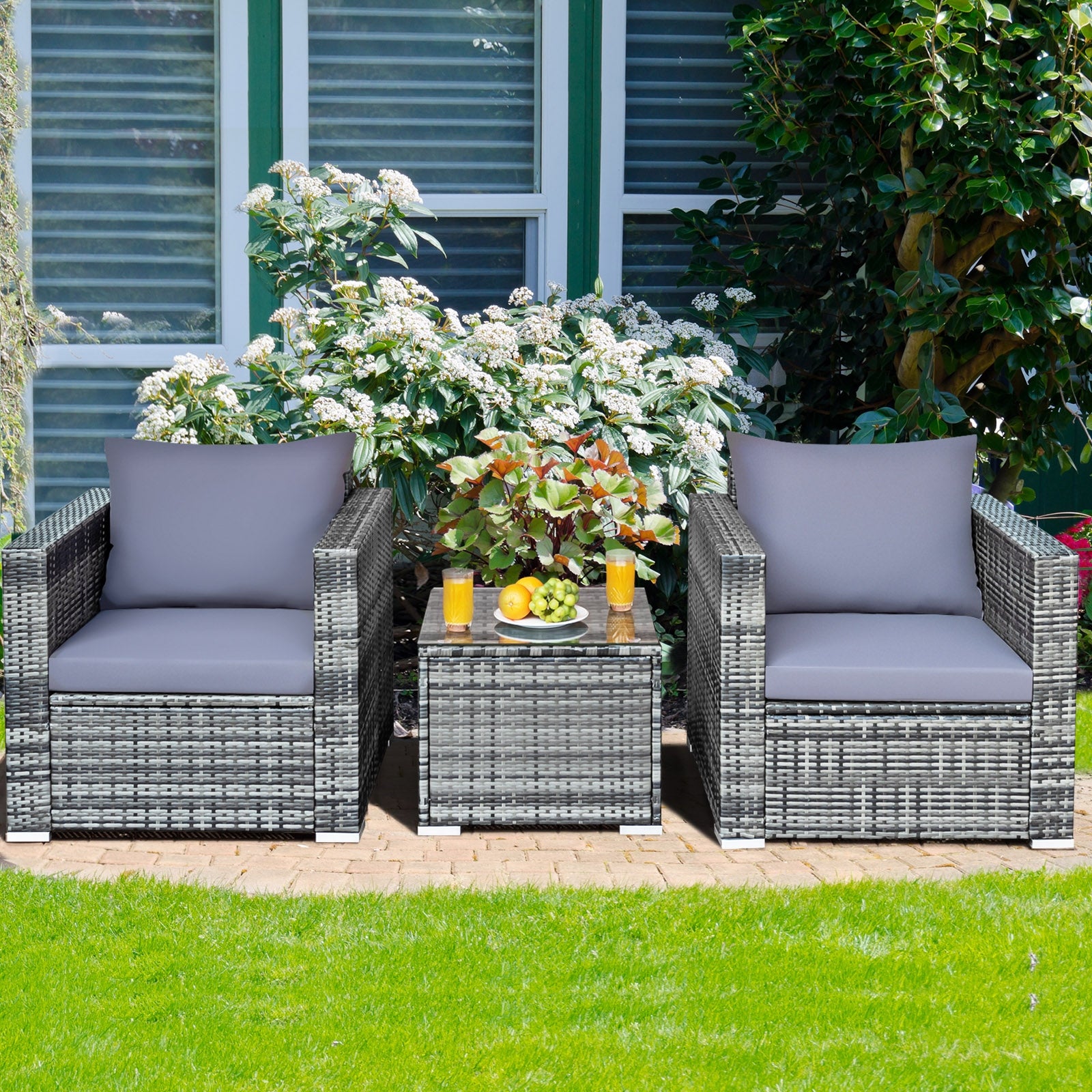 3 Pieces Patio Rattan Furniture Bistro Sofa Set with Cushioned, Gray Patio Conversation Sets at Gallery Canada