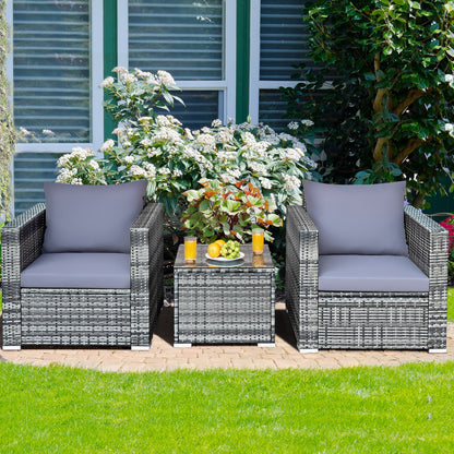 3 Pieces Patio Rattan Furniture Bistro Sofa Set with Cushioned, Gray Patio Conversation Sets at Gallery Canada