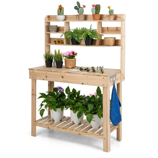 Large Garden Potting Bench Table with Display Rack and Hidden Sink, Natural