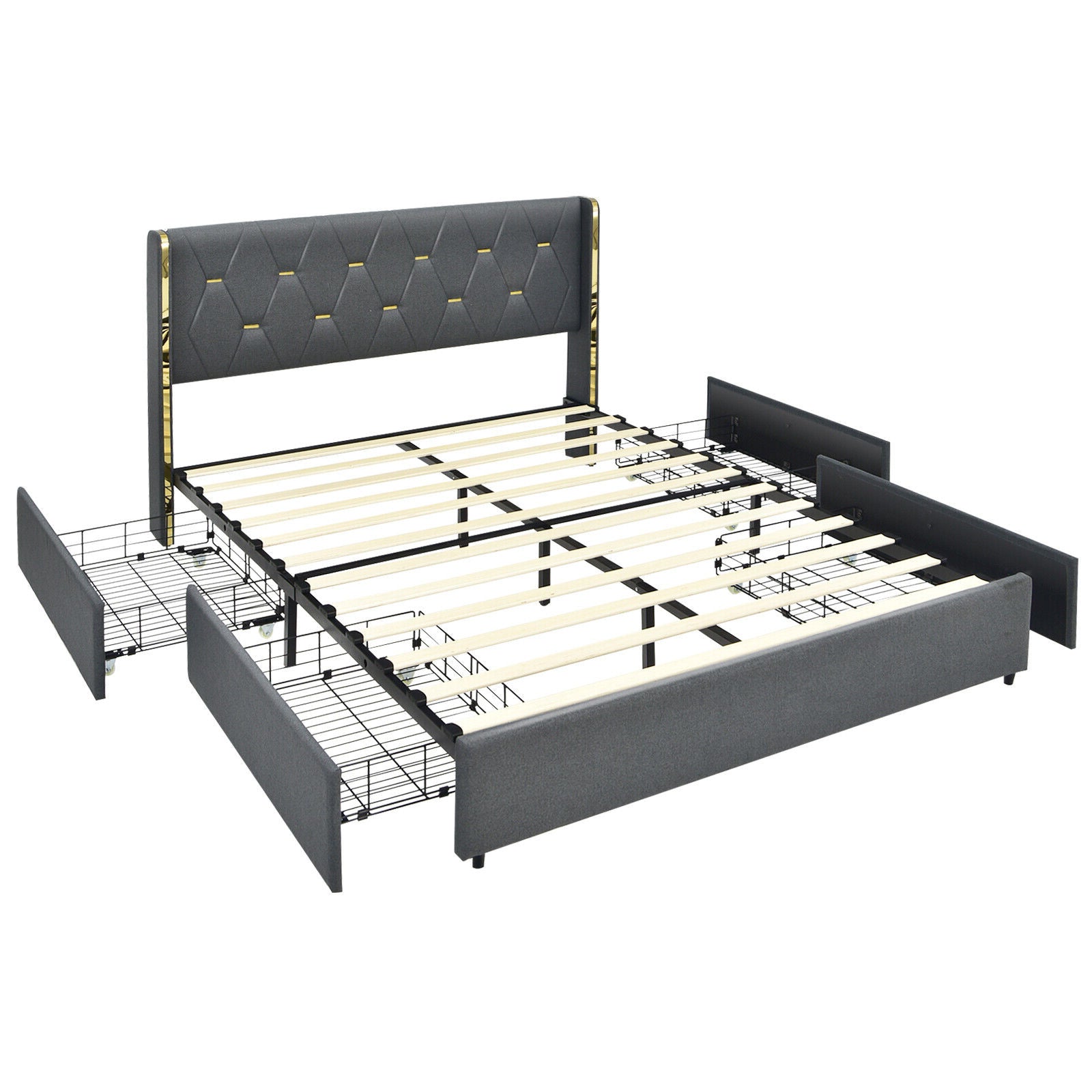 Full Queen Size Upholstered Bed Frame, 4 Storage Drawers, Black Simple Bed Frame at Gallery Canada