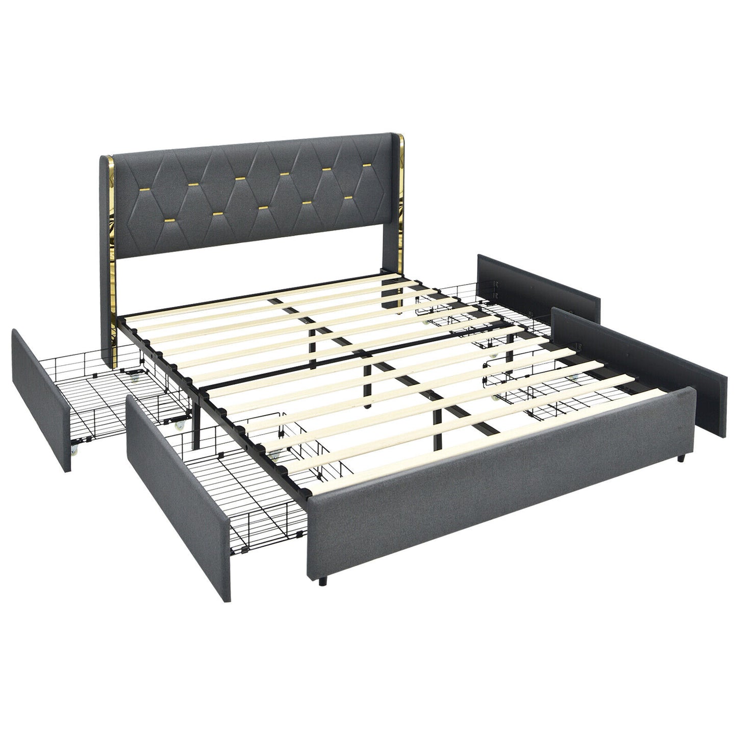Full Queen Size Upholstered Bed Frame, 4 Storage Drawers, Black Simple Bed Frame at Gallery Canada