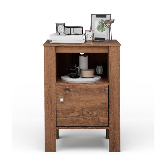 Compact Floor Farmhouse Nightstand with Open Shelf and Cabinet, Rustic Brown - Gallery Canada