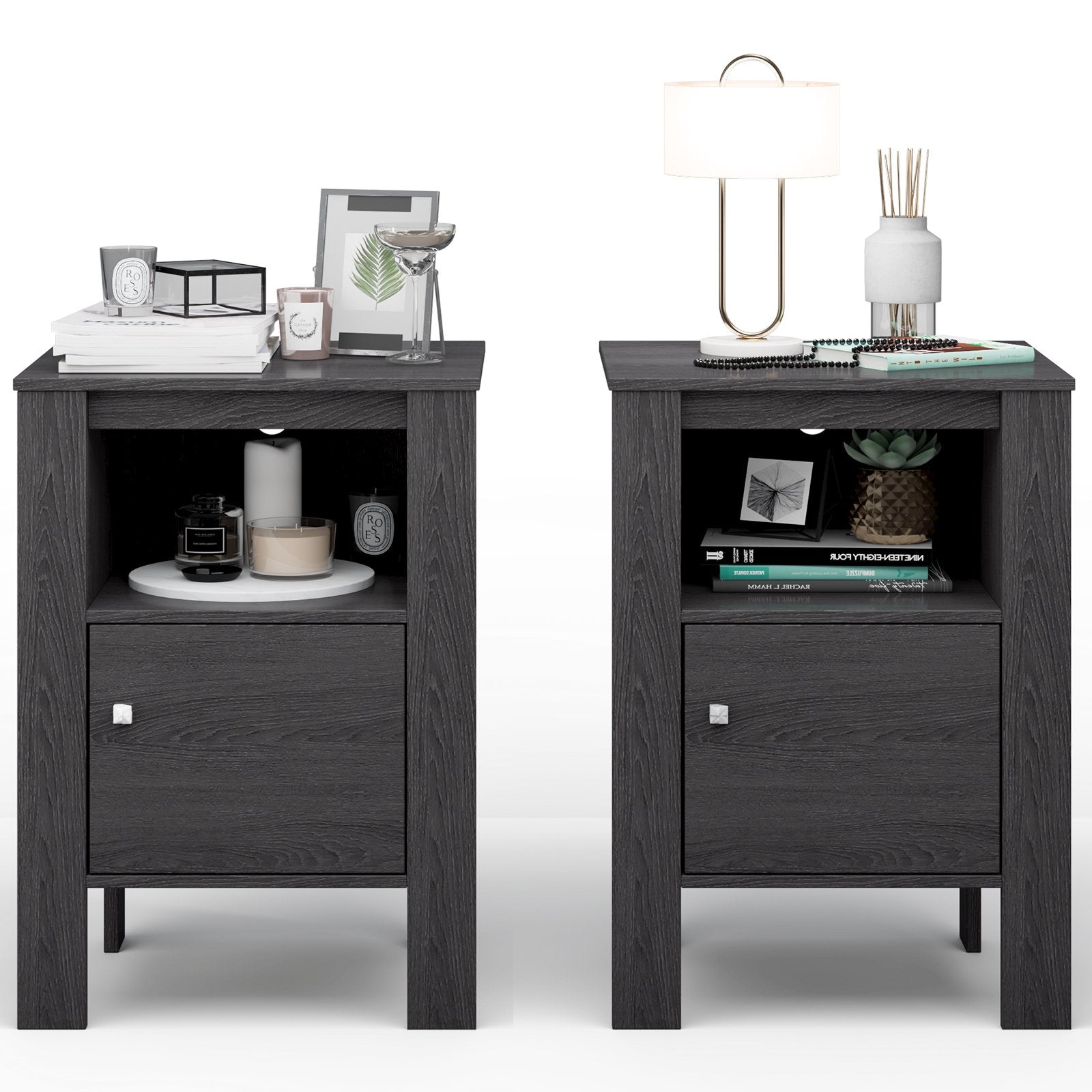 Compact Floor Farmhouse Nightstand with Open Shelf and Cabinet, Dark Gray - Gallery Canada