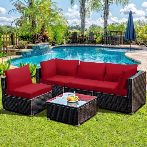 5 Pieces Cushioned Patio Rattan Furniture Set with Glass Table, Red