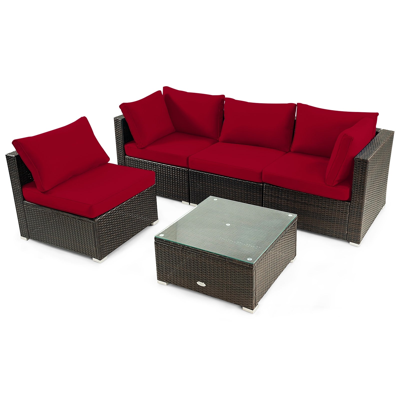 5 Piece Cushioned Patio Rattan Furniture Set, Glass Table, Red Outdoor Sectionals Red at Gallery Canada