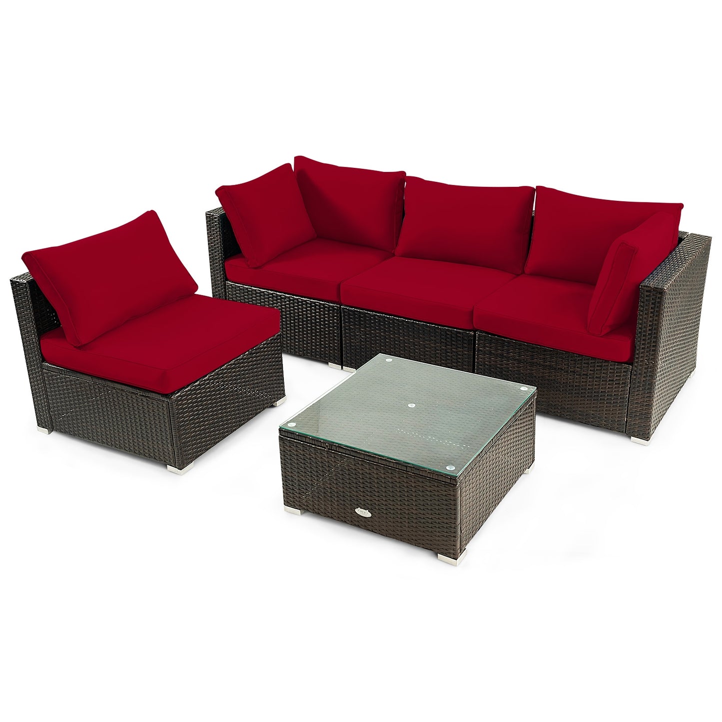 5 Piece Cushioned Patio Rattan Furniture Set, Glass Table, Red Outdoor Sectionals Red at Gallery Canada